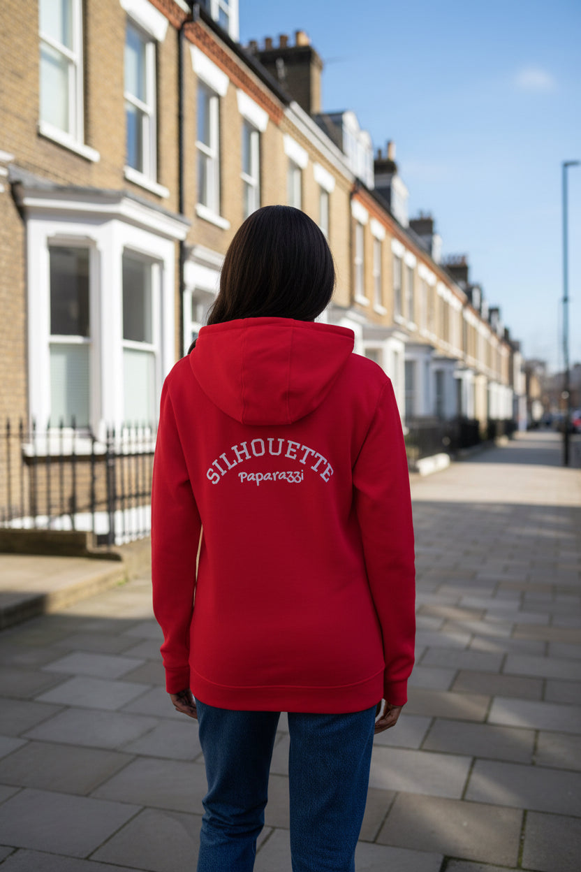 Woman model showing backside of a Red Premium Paparazzi Silhouette Adidas Hoodie - Paparazzi Original