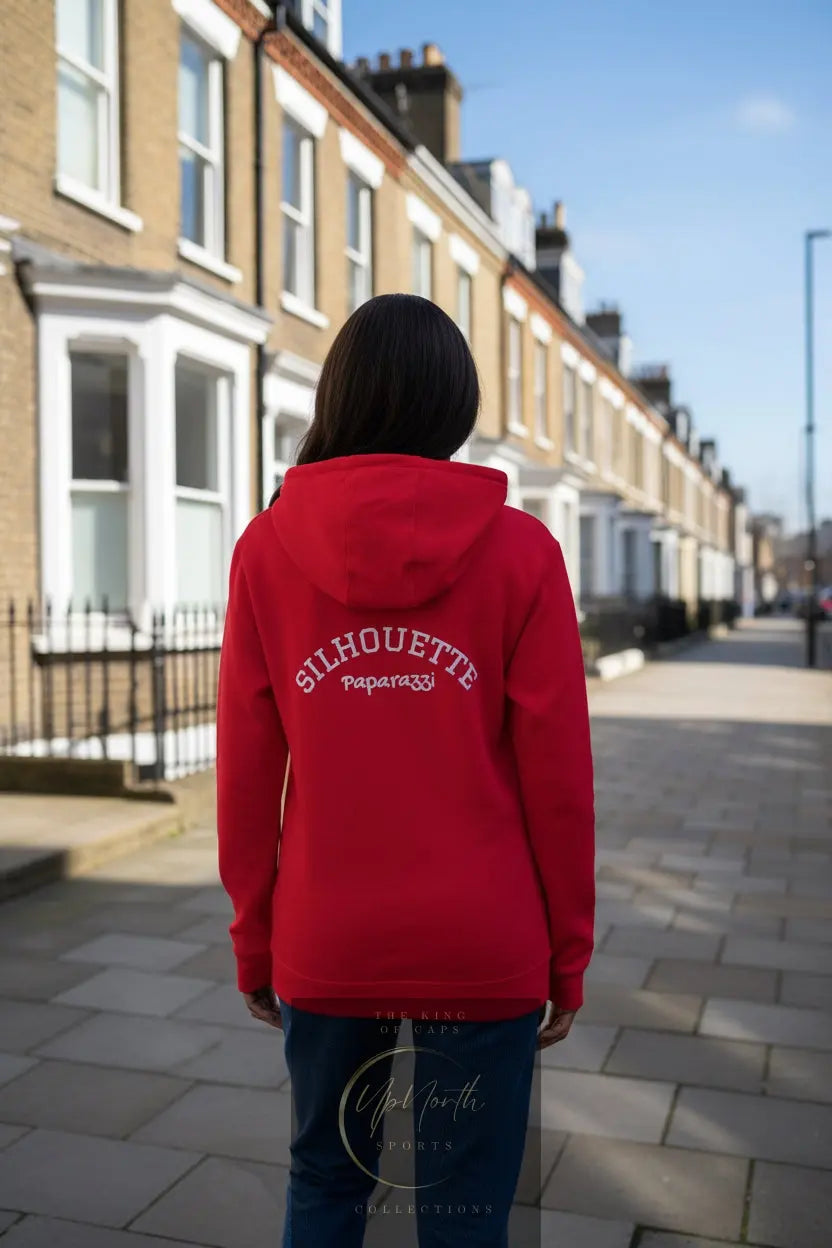 Woman model showing backside of a Red Premium Paparazzi Silhouette Adidas Hoodie - Paparazzi Original