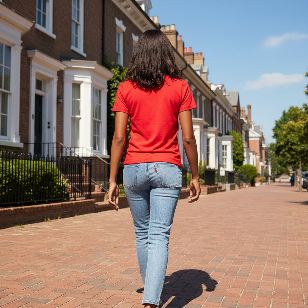 Woman model wearing aMEGA SPORTS Red White T-Shirt showing backside - UpNorth SPORTS