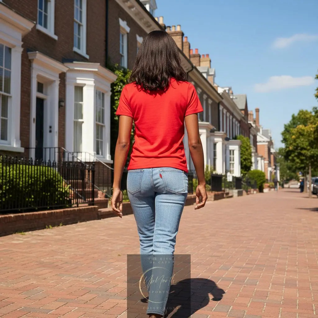 Woman model wearing aMEGA SPORTS Red White T-Shirt showing backside - UpNorth SPORTS