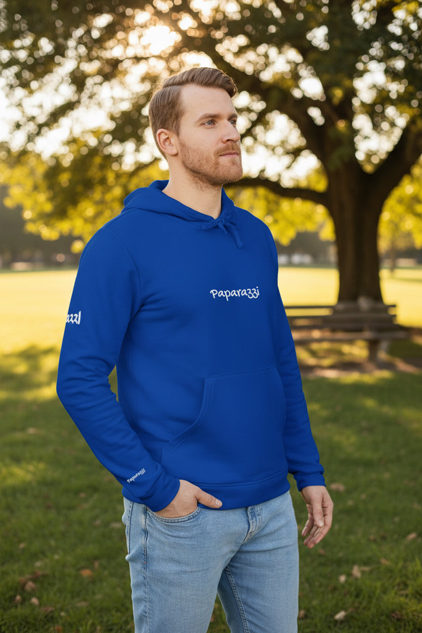 Male model wearing a Collegiate Royal Premium Paparazzi Adidas Hoodie - Paparazzi Original