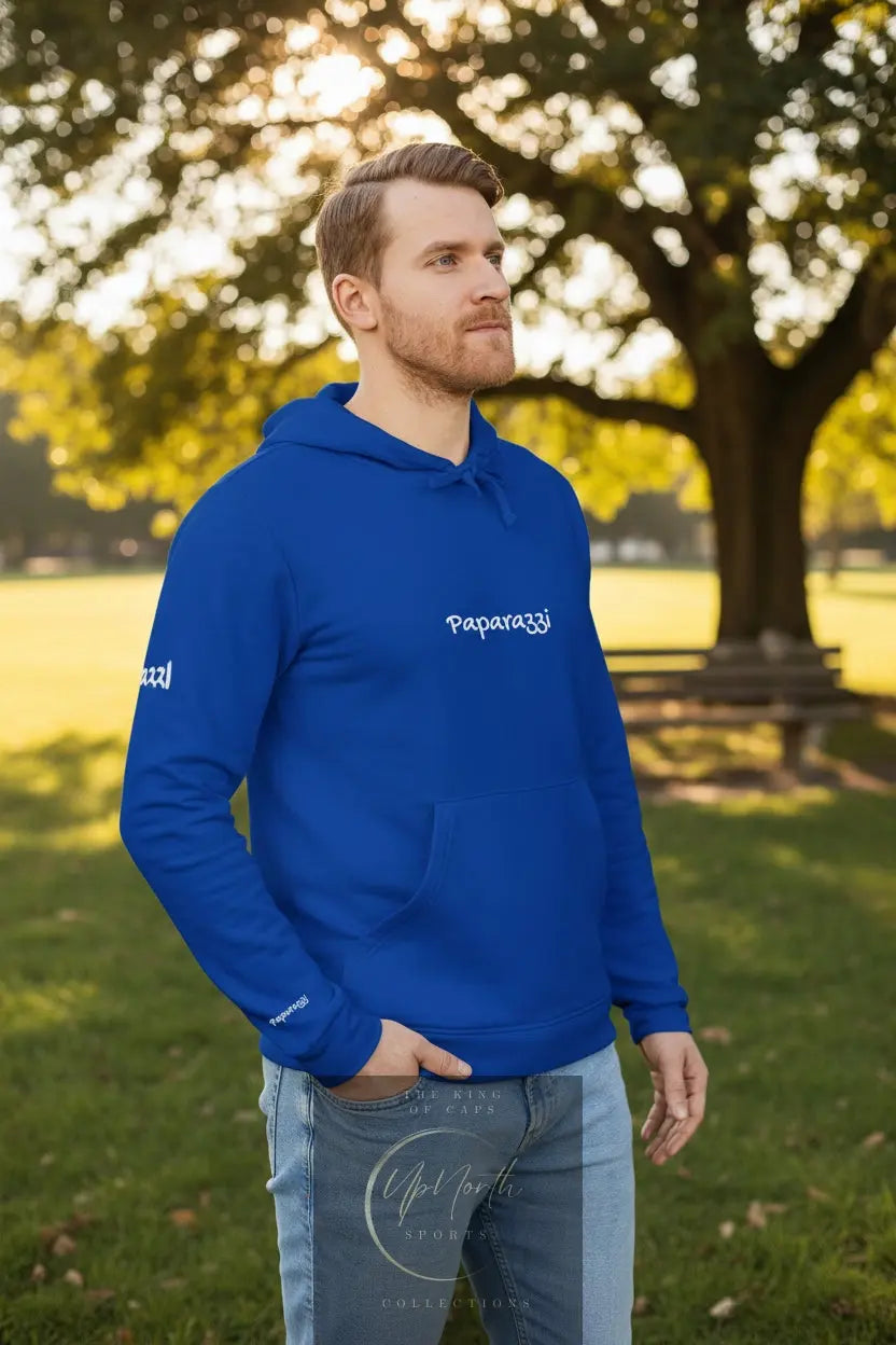 Male model wearing a Collegiate Royal Premium Paparazzi Adidas Hoodie - Paparazzi Original