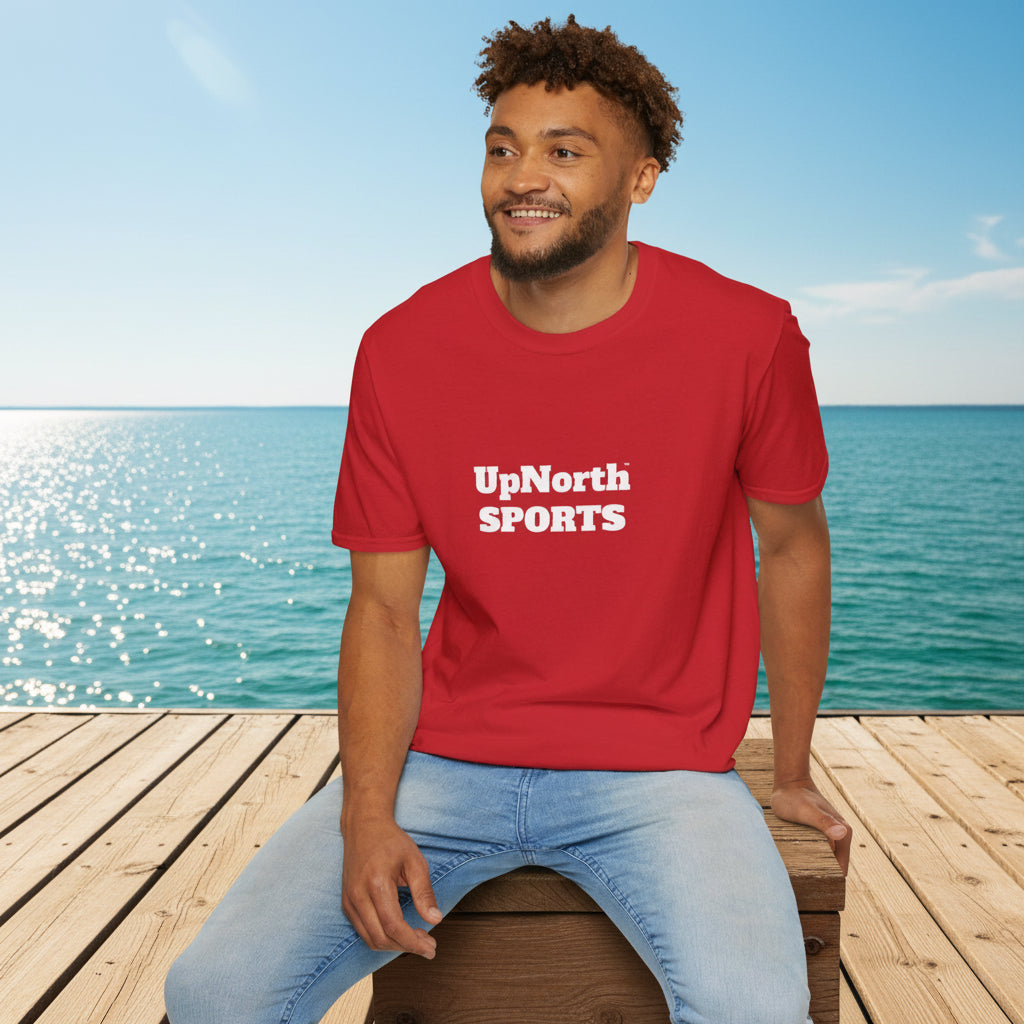 Male model wearing Red White Unisex T-Shirt - UpNorth SPORTS