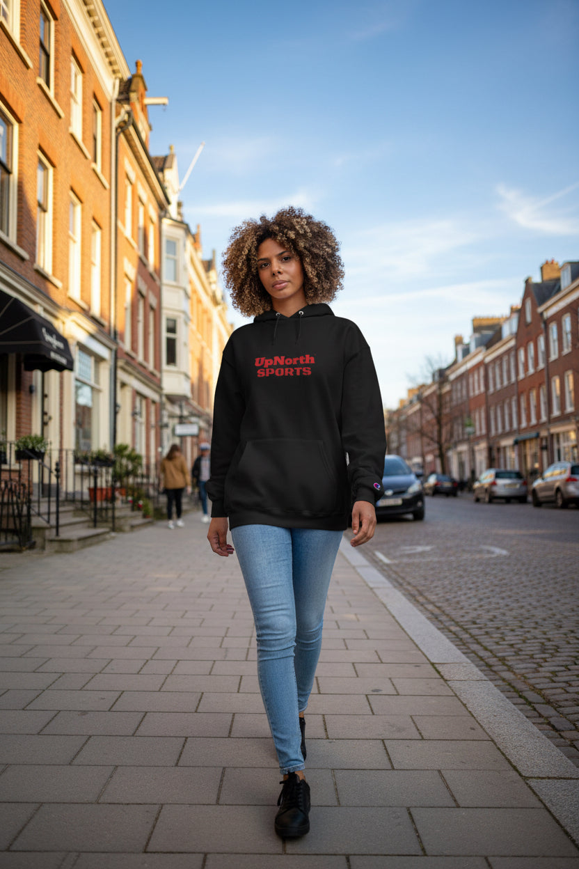 Woman model wearing a Black UpNorth Sports Red Champion Hoodie - UpNorth SPORTS