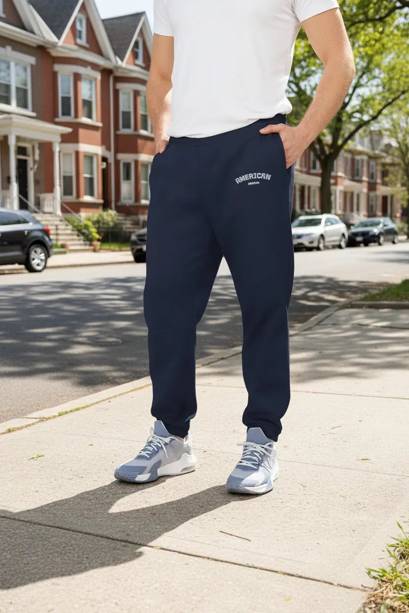 Male model wearing Adidas Joggers American Edition Navy - UpNorth SPORTS