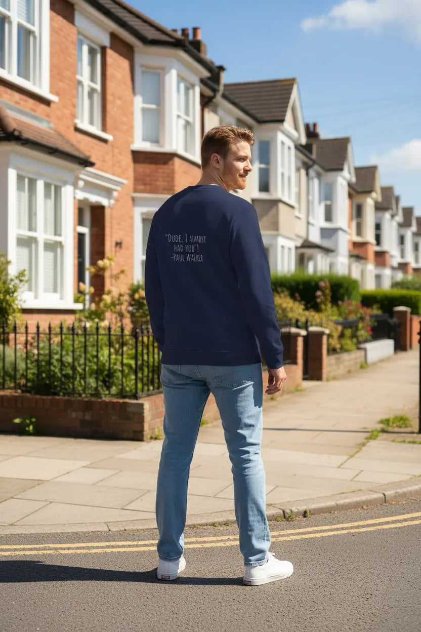 Male model showing backside of a Navy Premium UpNorthSPORTS Adidas Sweatshirt - UpNorth SPORTS