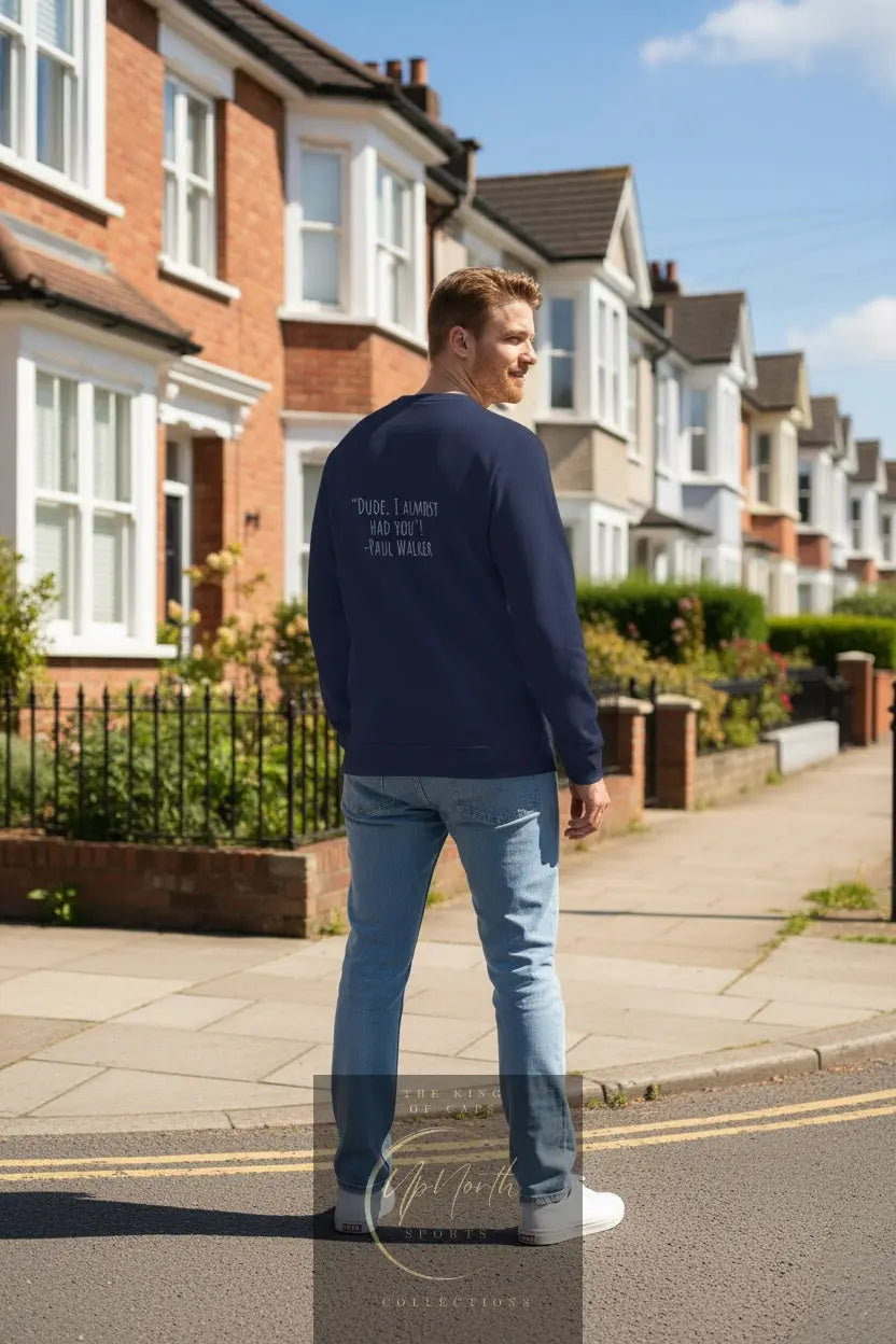 Male model showing backside of a Navy Premium UpNorthSPORTS Adidas Sweatshirt - UpNorth SPORTS