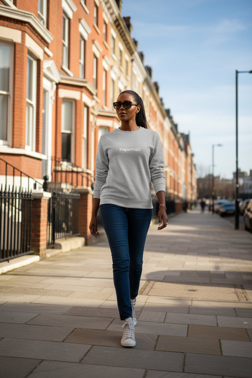 Woman model wearing a Grey Heather Premium Paparazzi Adidas Sweatshirt - Paparazzi Original