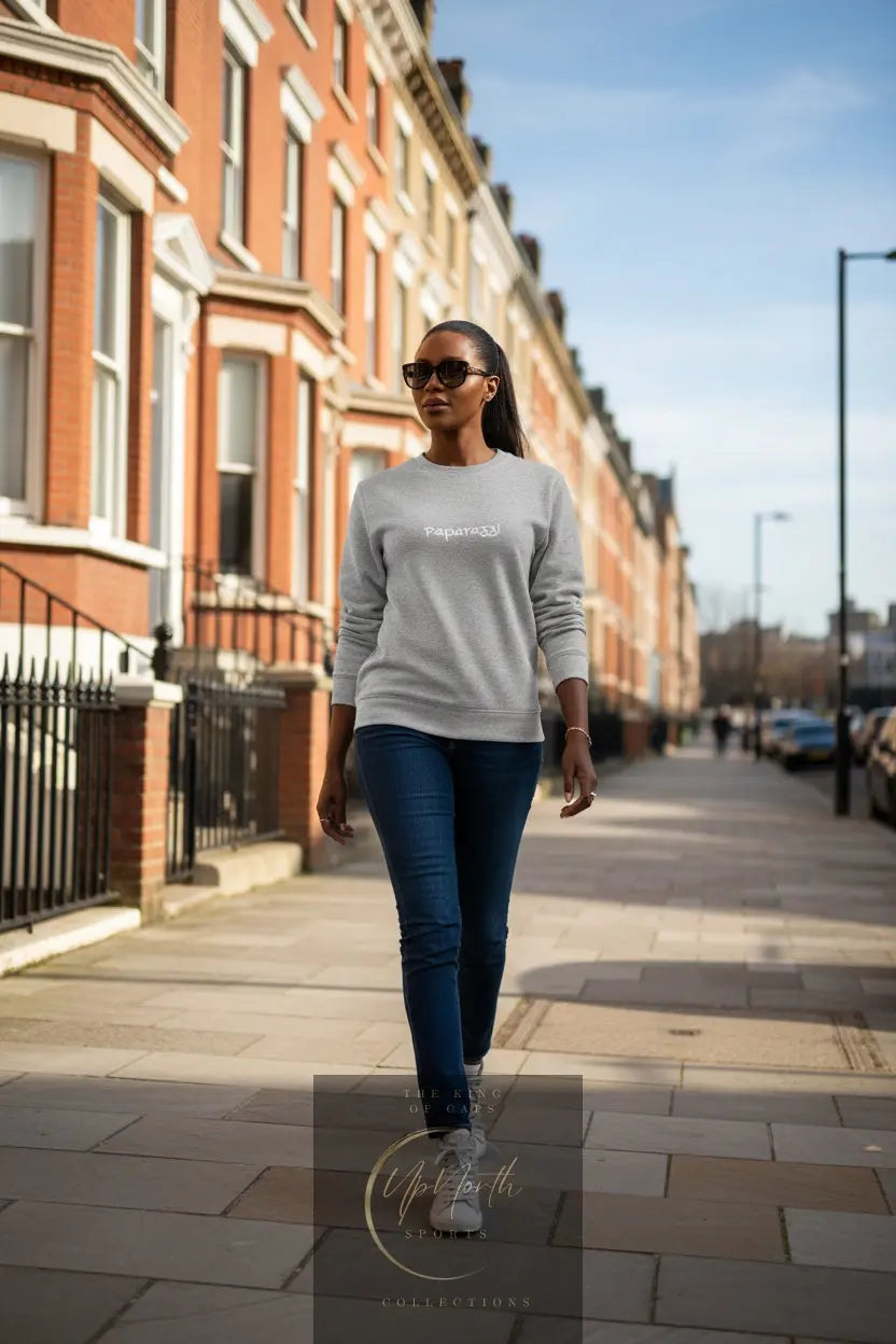 Woman model wearing a Grey Heather Premium Paparazzi Adidas Sweatshirt - Paparazzi Original