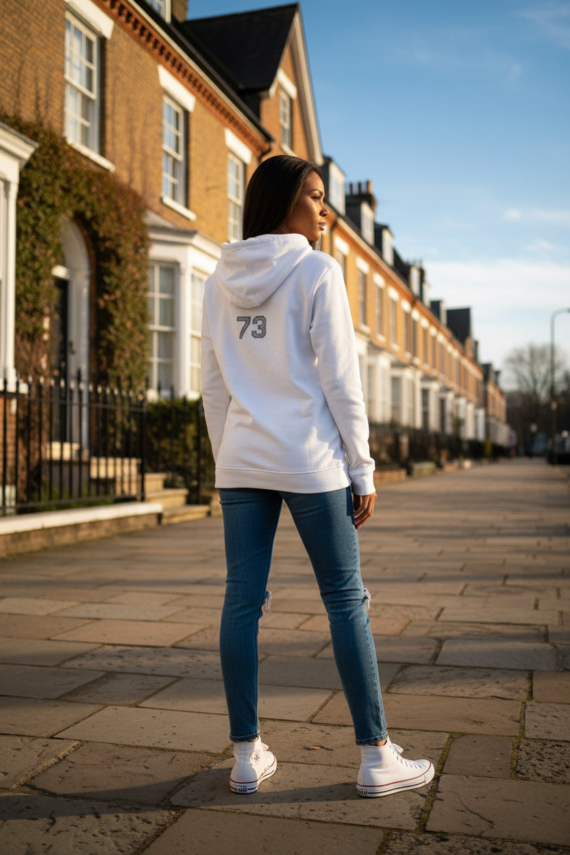 Woman model showing off backside of a White Premium Paparazzi Anniversary Adidas Hoodie - Paparazzi Original
