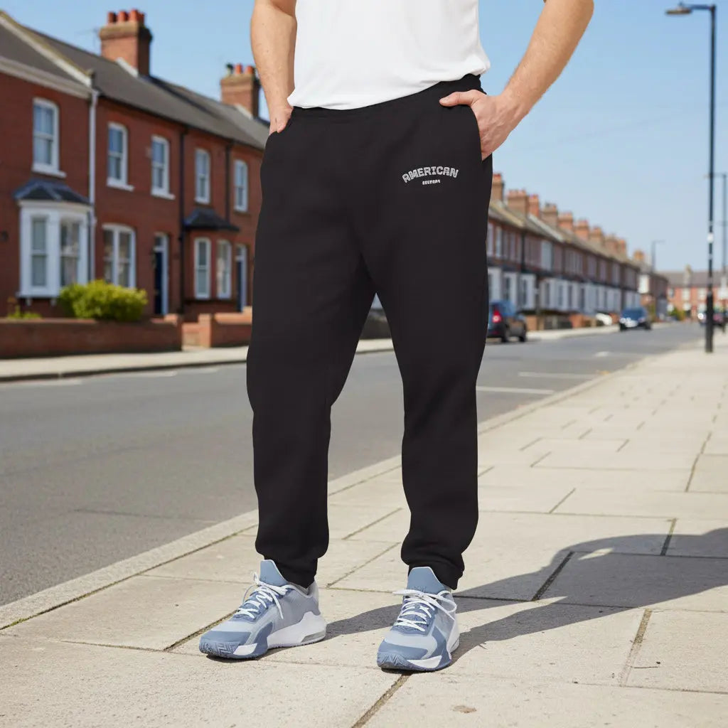 Male model wearing Adidas Joggers American Edition Black - UpNorth SPORTS