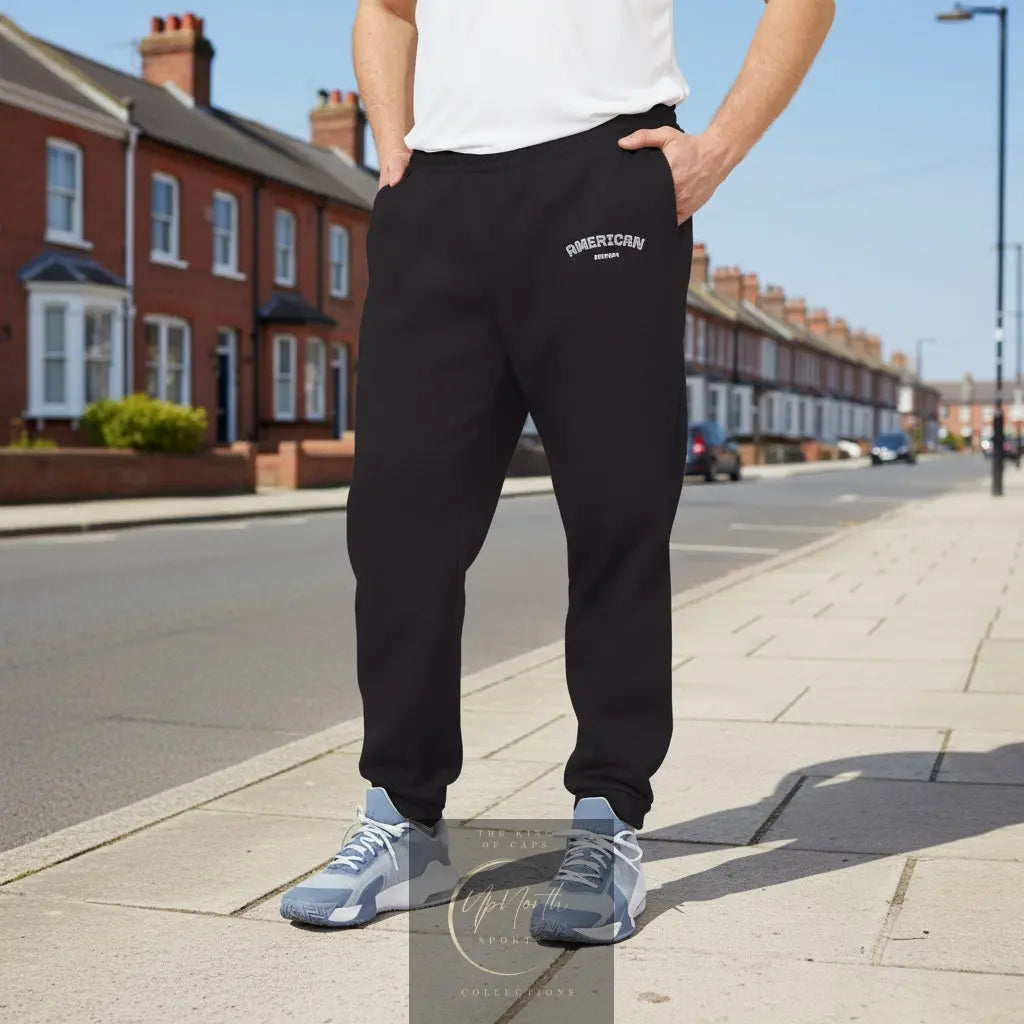 Male model wearing Adidas Joggers American Edition Black - UpNorth SPORTS