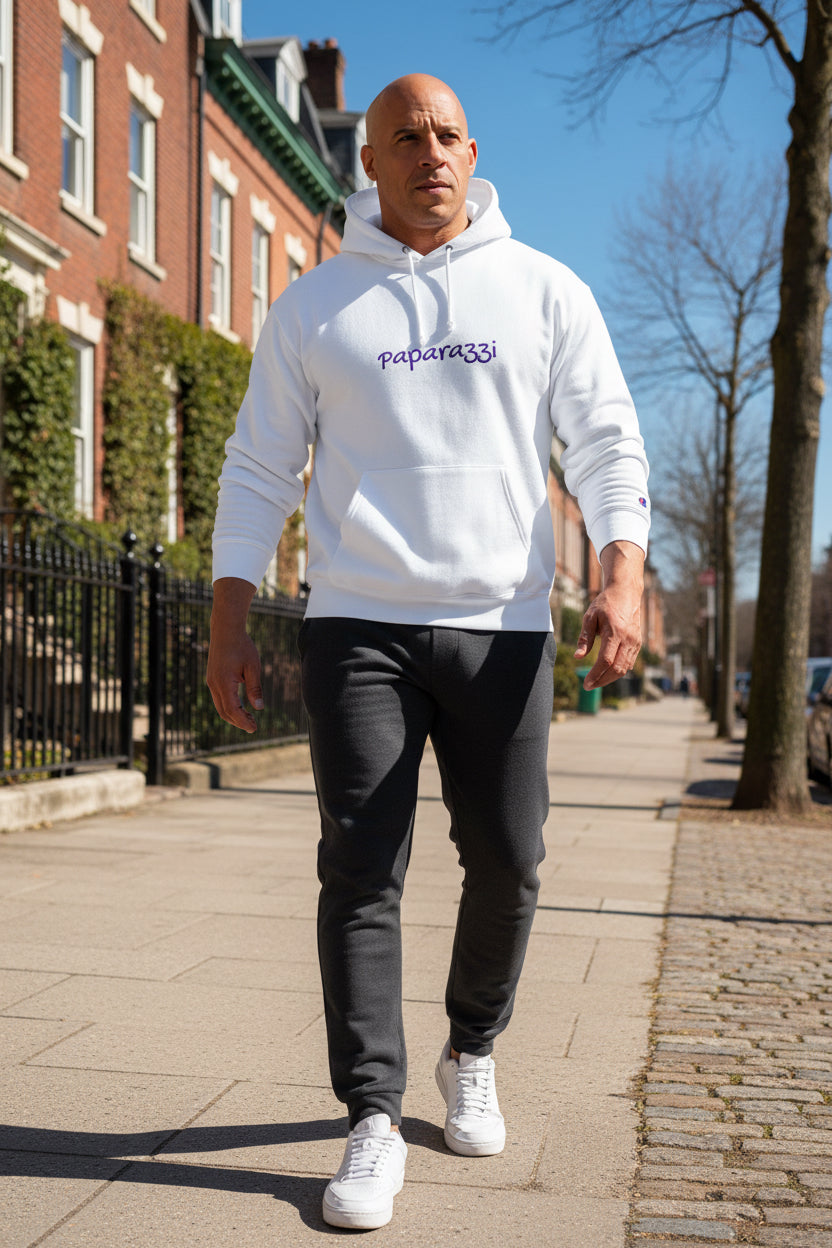 Male model wearing a White Paparazzi Purple Champion Hoodie - Paparazzi Original