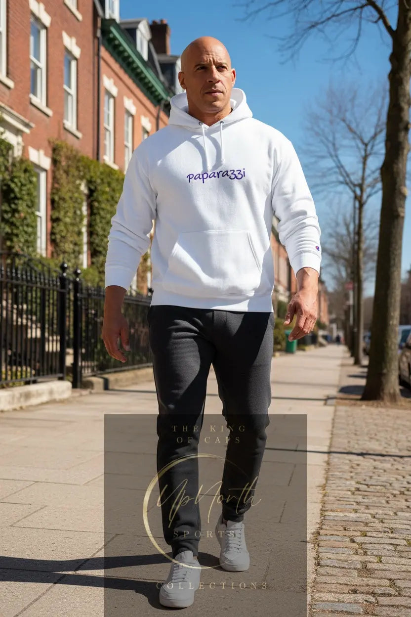 Male model wearing a White Paparazzi Purple Champion Hoodie - Paparazzi Original