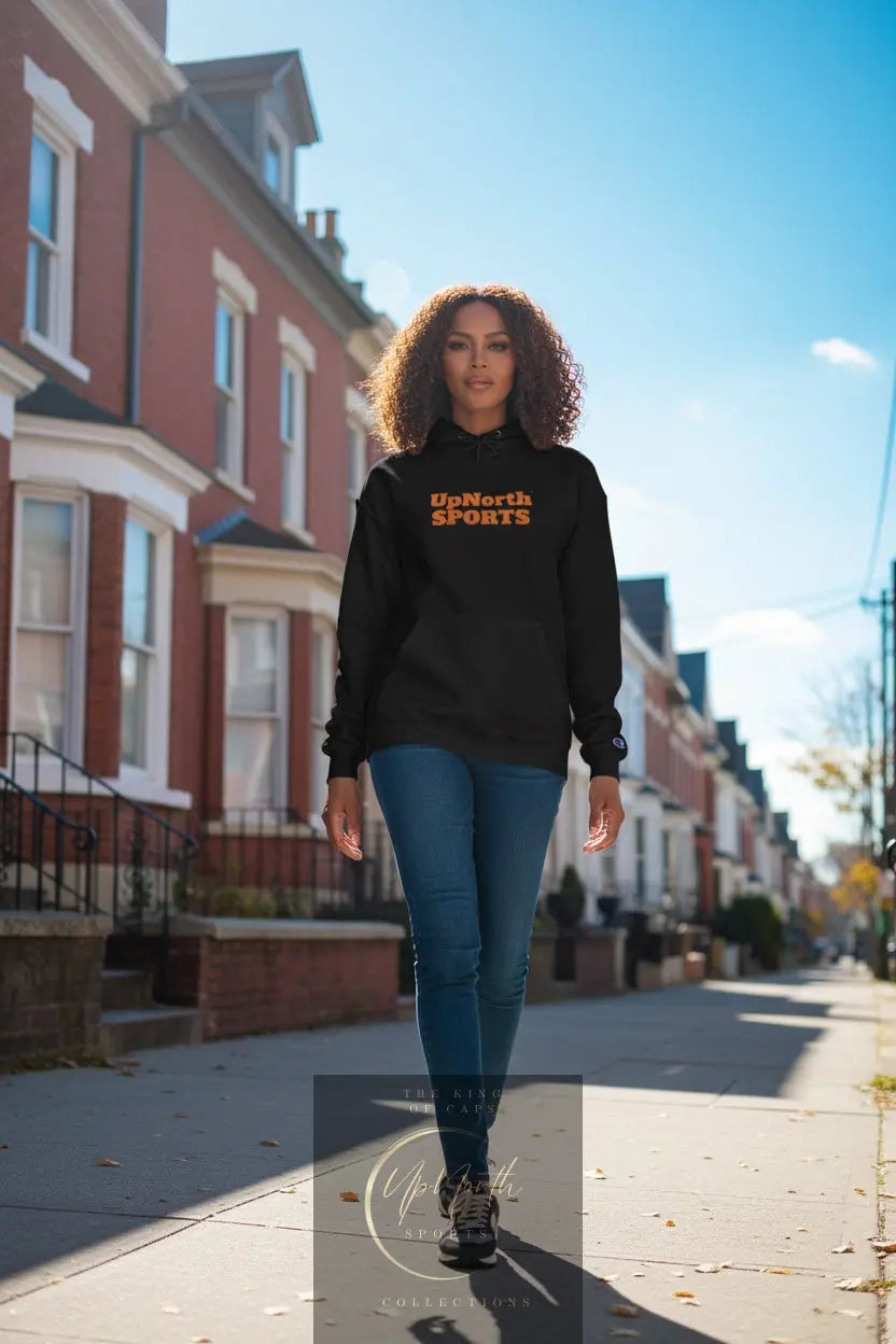 Woman model wearing a Black UpNorth Sports Orange Champion Hoodie - UpNorth SPORTS