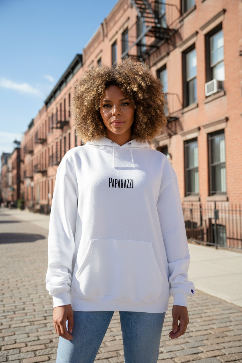 Woman model wearing a White Paparazzi Avantgarde Champion Hoodie - Paparazzi Original