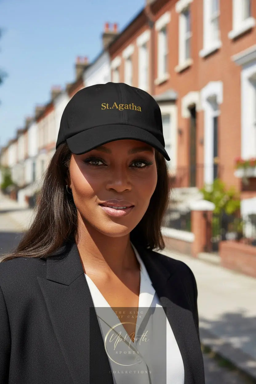 Woman model wearing a Baseball Cap St Agatha yellow on black - UpNorth SPORTS
