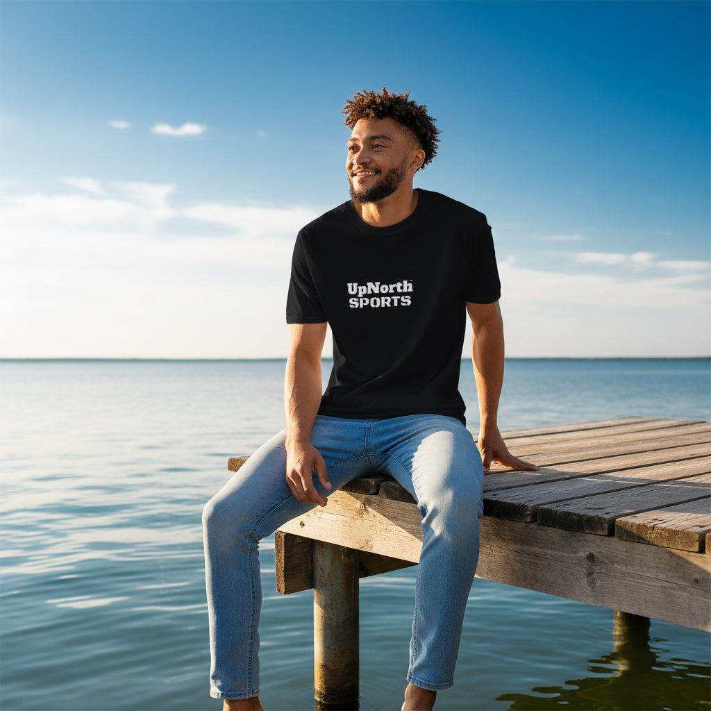 Male model wearing a Black White Unisex T-Shirt - UpNorth SPORTS