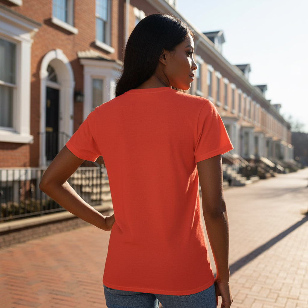 Woman model wearing a Orange UpNorthSPORTS ECO Cotton T-shirt showing backside - UpNorth SPORTS