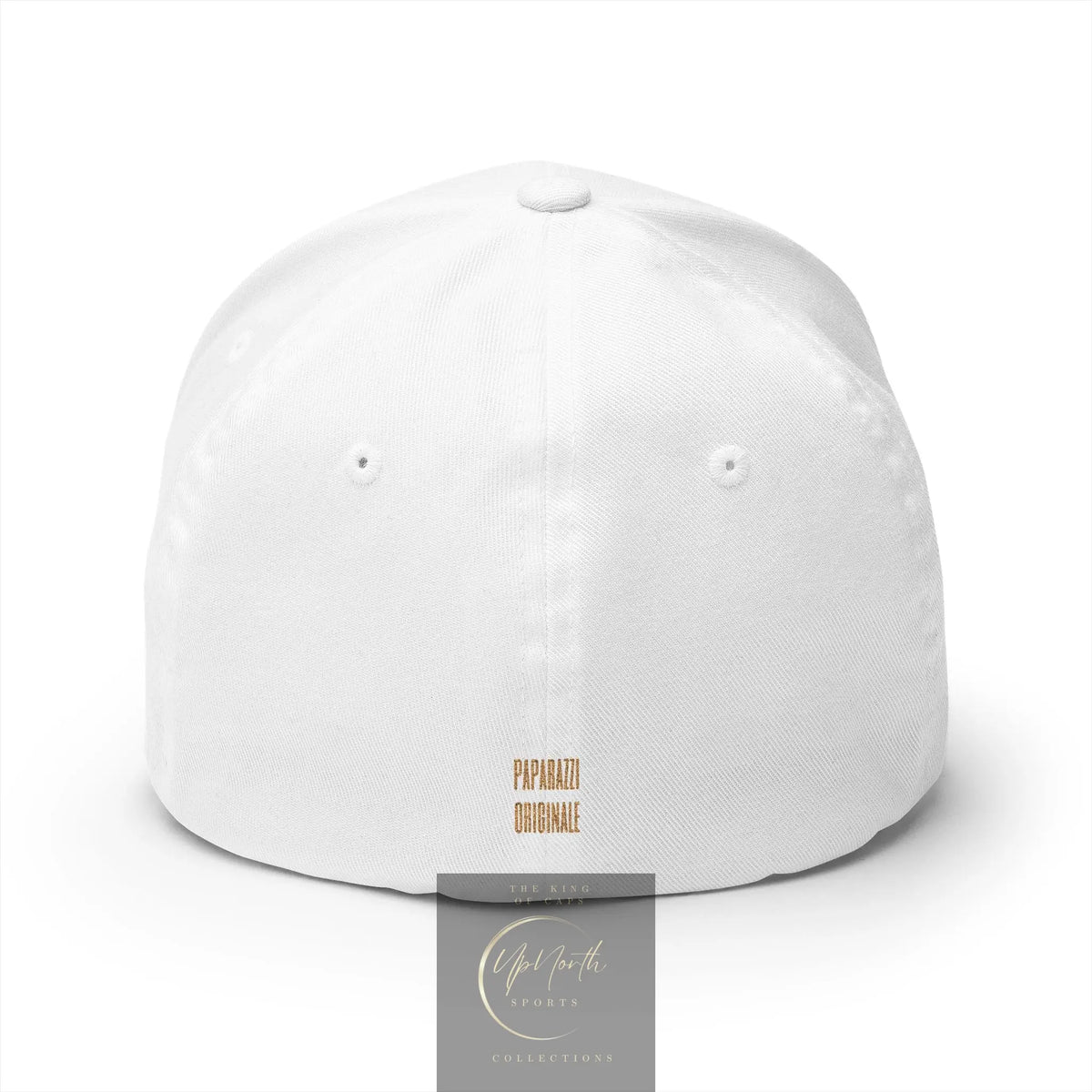 A white structured baseball cap shown from the back featuring a gold embroidered logo 'PAPARAZZI ORIGINALE' set centred lower backside - Paparazzi Original