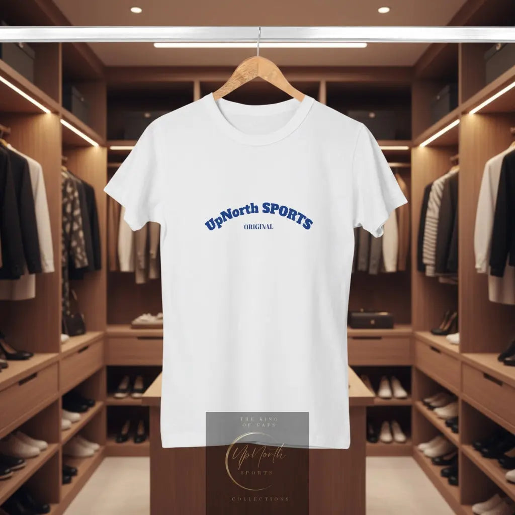 On a hanger the Women T-Shirt white with navy front - UpNorth SPORTS