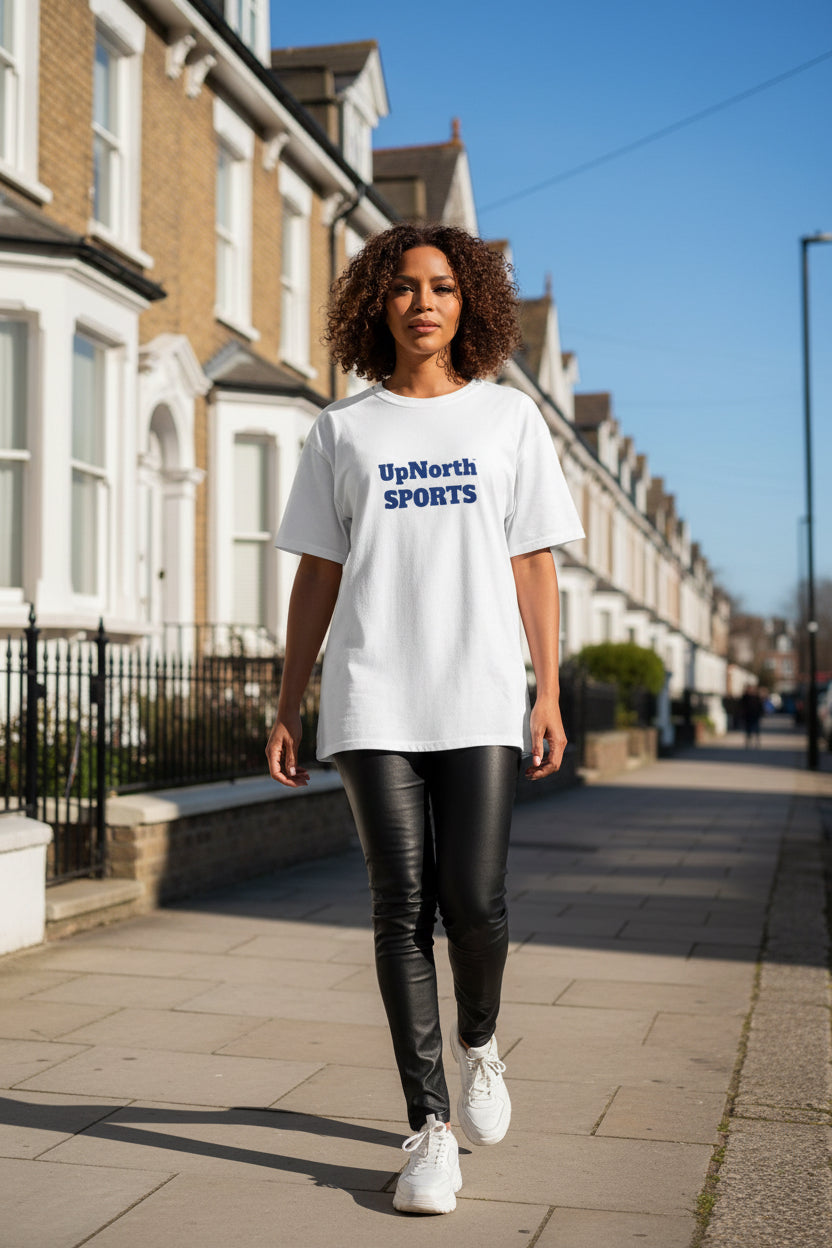 Woman model wearing a UpNorthSPORTS White Navy Champion T-shirt - UpNorth SPORTS
