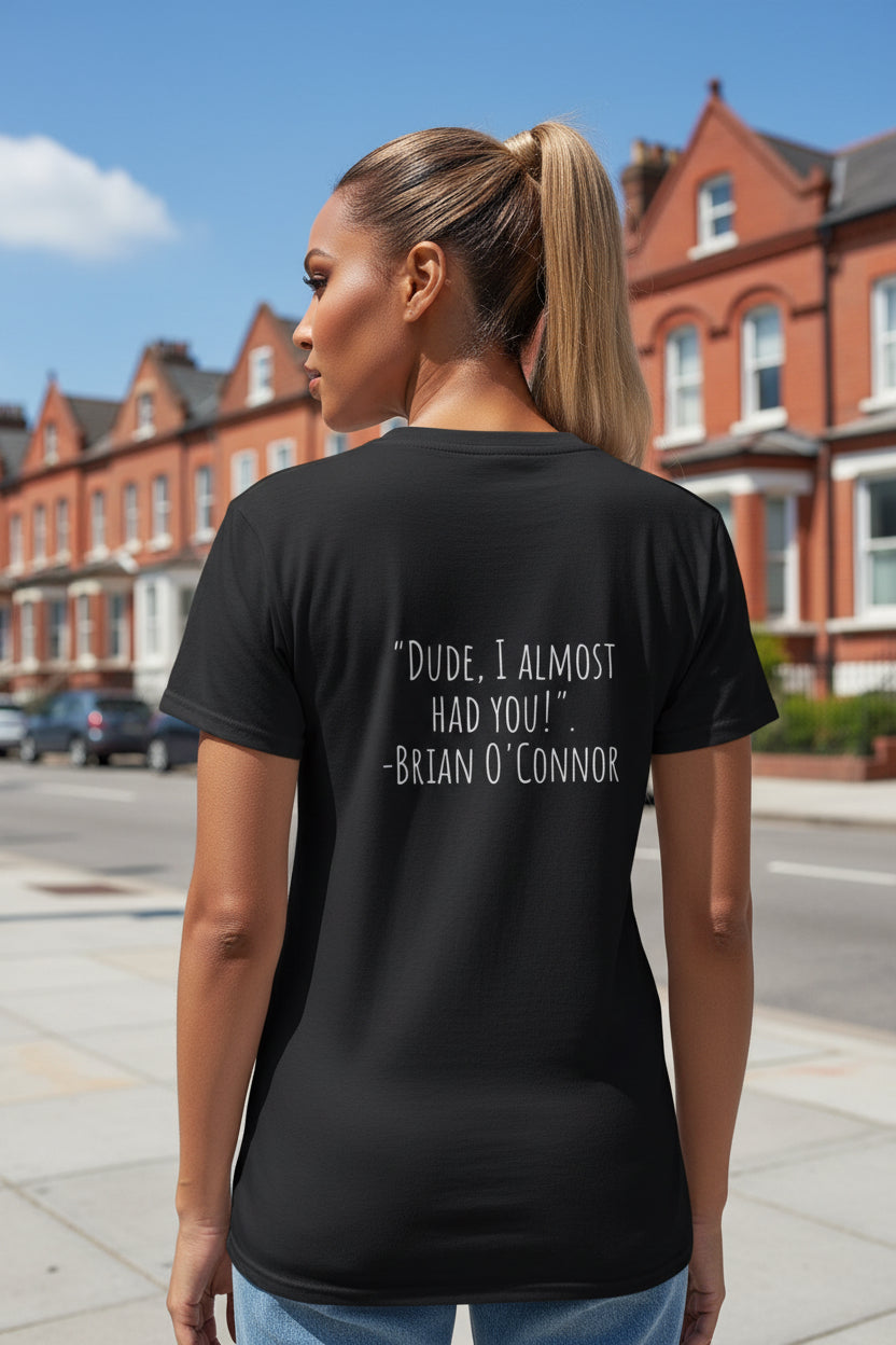 Woman model wearing a Paparazzi Brian DUDE Black T-shirt showing backside - Paparazzi Original