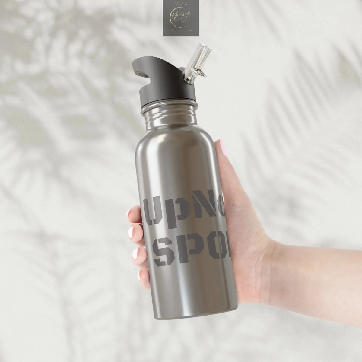 Drinking Bottle in Stainless Silver Grey showing logo - UpNorth SPORTS