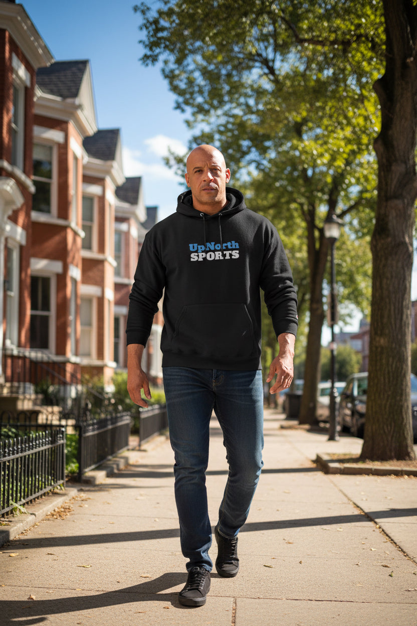 Male model wearing a Black UpNorth Sports MFF Champion Hoodie - UpNorth SPORTS