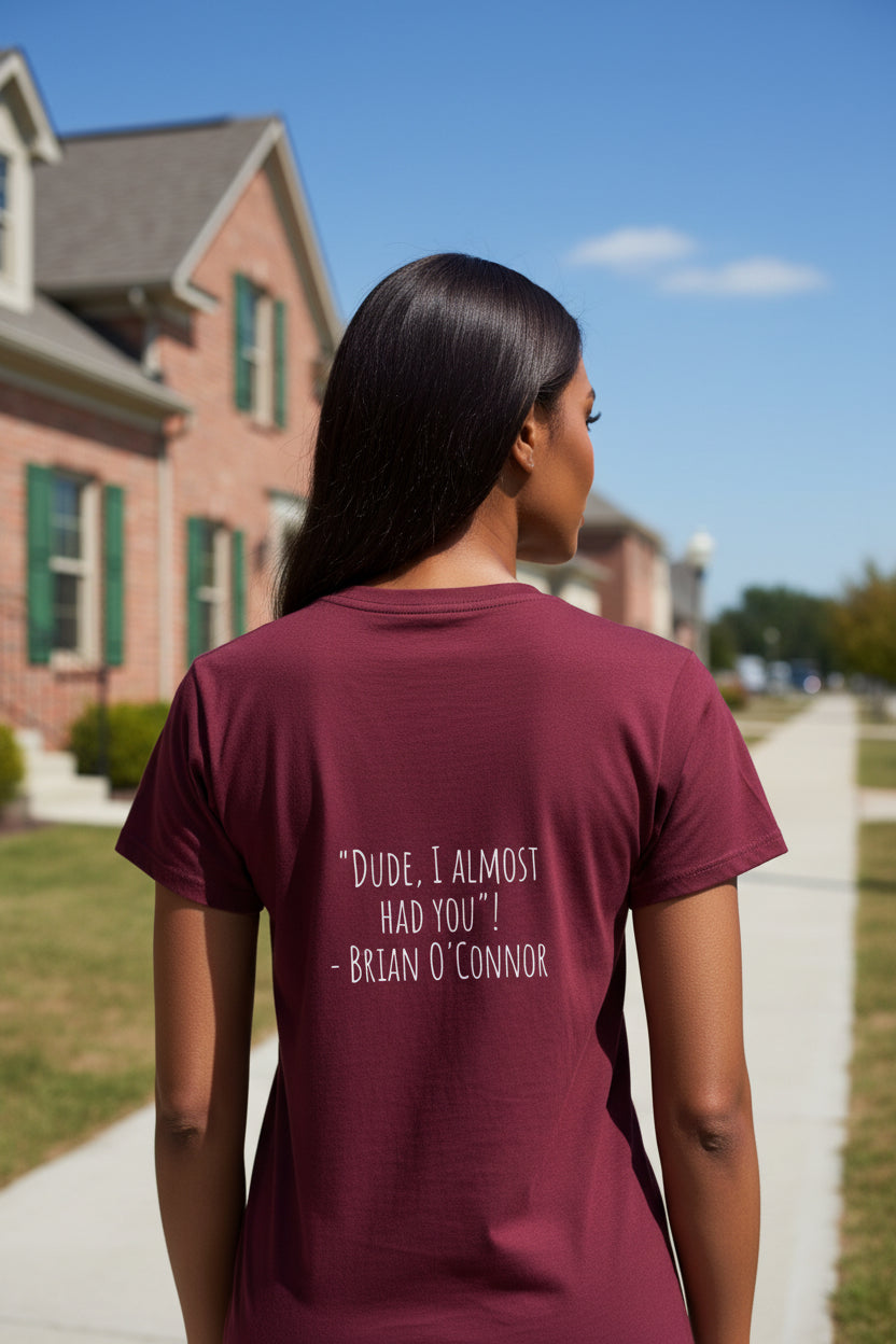 Woman model wearing a Brian DUDE Burgundy T-Shirt showing backside - UpNorth SPORTS