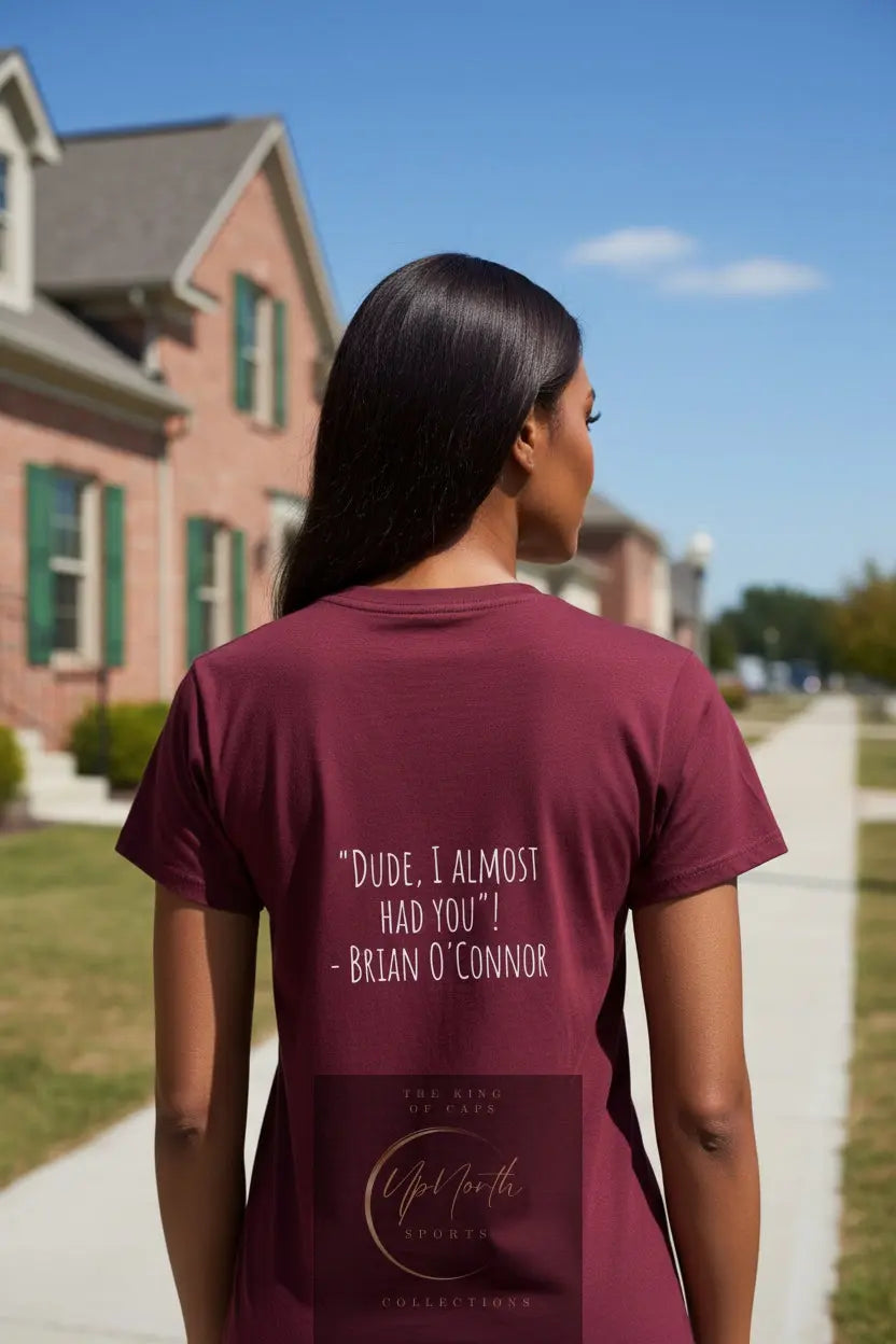 Woman model wearing a Brian DUDE Burgundy T-Shirt showing backside - UpNorth SPORTS