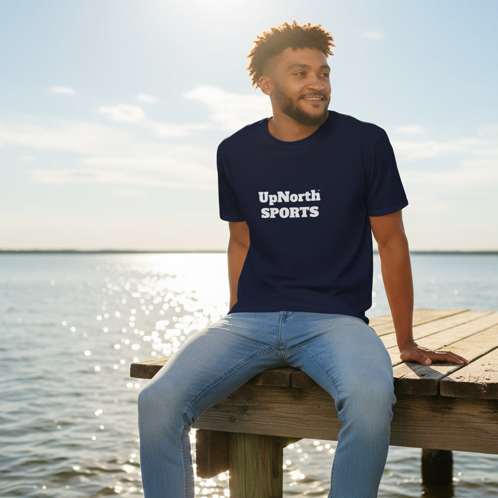 Male model wearing a Navy White Unisex T-shirt - UpNorth SPORTS