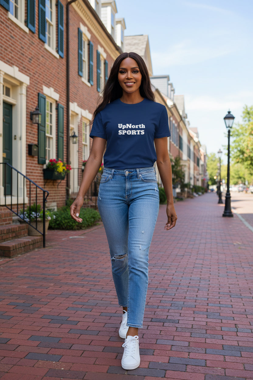 Woman model wearing a Han Lue LIFE Navy T-shirt showing front - UpNorth SPORTS