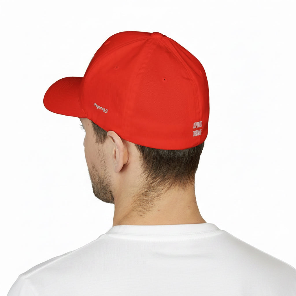 Male model wearing the Red Paparazzi Closed Back Baseball Cap backside - Paparazzi Original