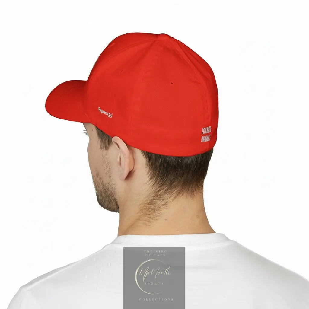 Male model wearing the Red Paparazzi Closed Back Baseball Cap backside - Paparazzi Original
