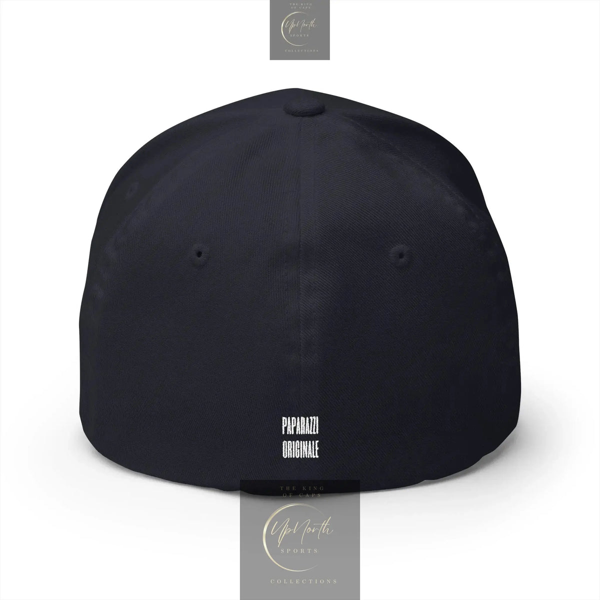 A structured baseball cap in a dark navy color shown from the back features small black embroidery 'PAPARAZZI ORIGINALE' near the bottom edge on the backside - Paparazzi Original