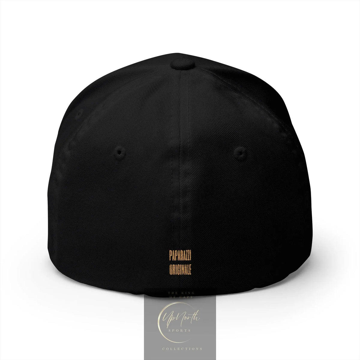 A black baseball cap shown from the back featuring the words 'PAPARAZZI ORIGINALE' embroidered logo in gold set centred near the bottom - Paparazzi Original