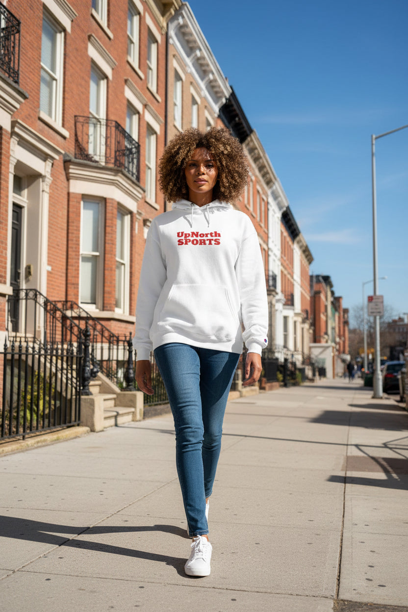 Woman model wearing a White Champion Hoodie Denmark Special Edition - UpNorth SPORTS