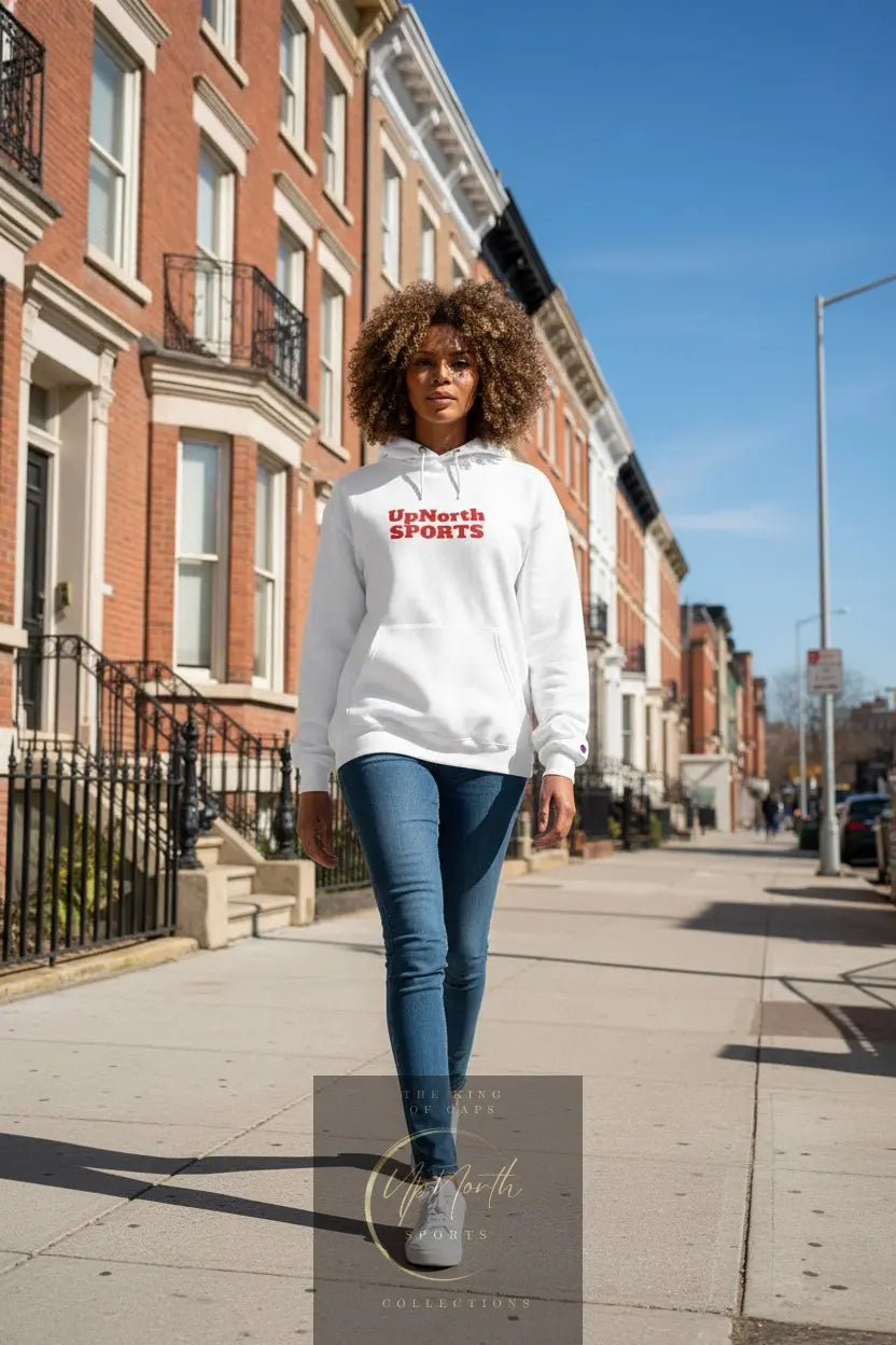 Woman model wearing a White Champion Hoodie Denmark Special Edition - UpNorth SPORTS