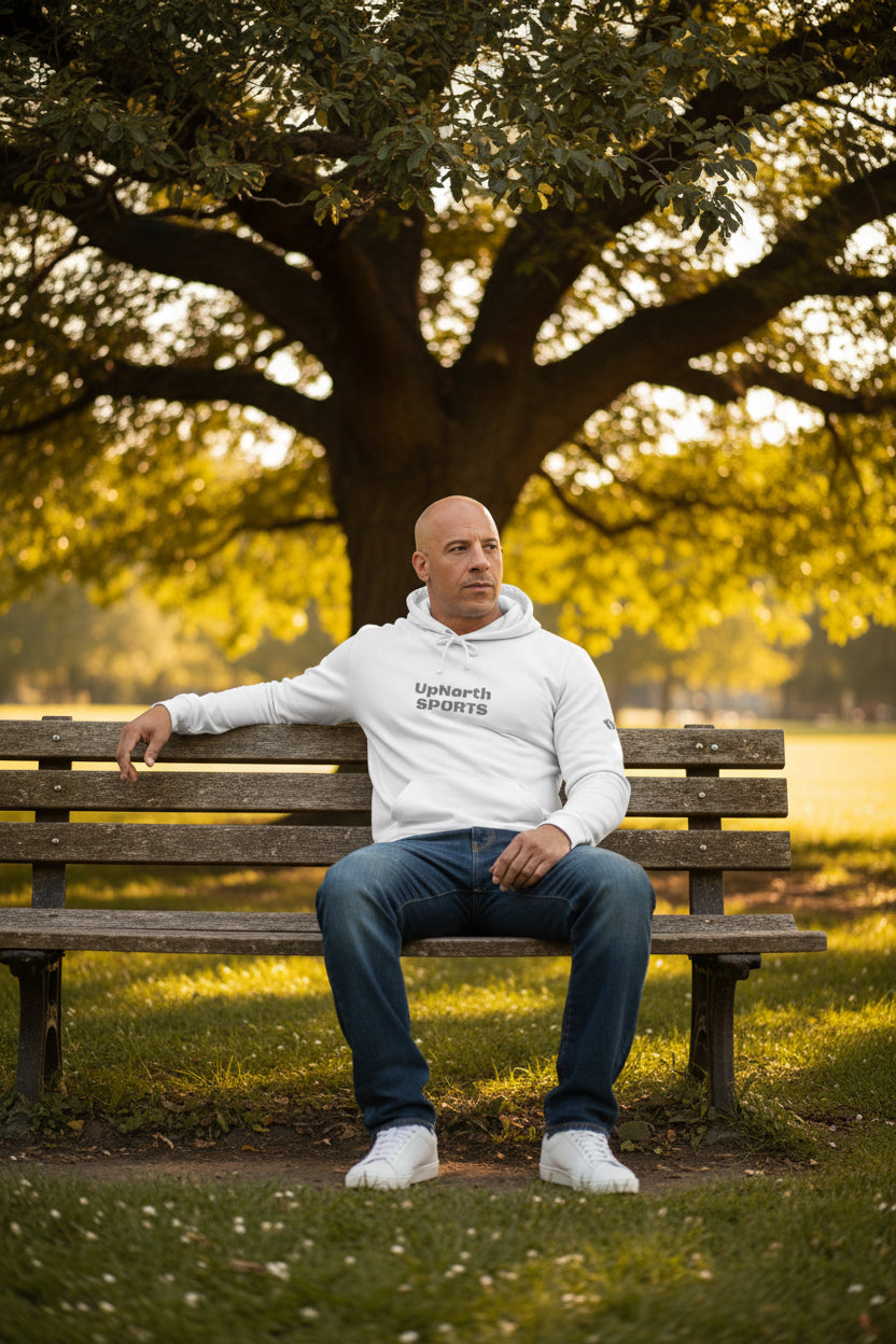 Male model wearing a White Premium UpNorthSPORTS Adidas Hoodie - UpNorth SPORTS