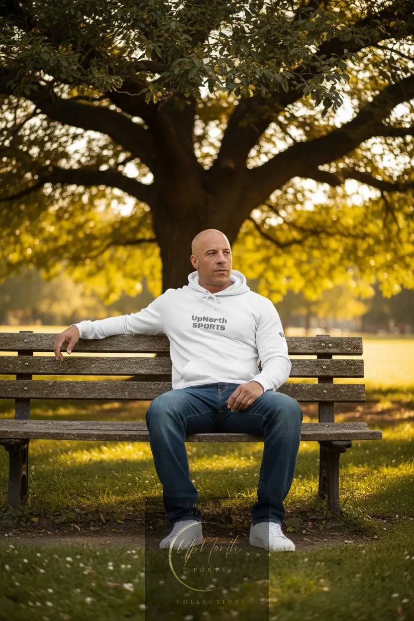 Male model wearing a White Premium UpNorthSPORTS Adidas Hoodie - UpNorth SPORTS