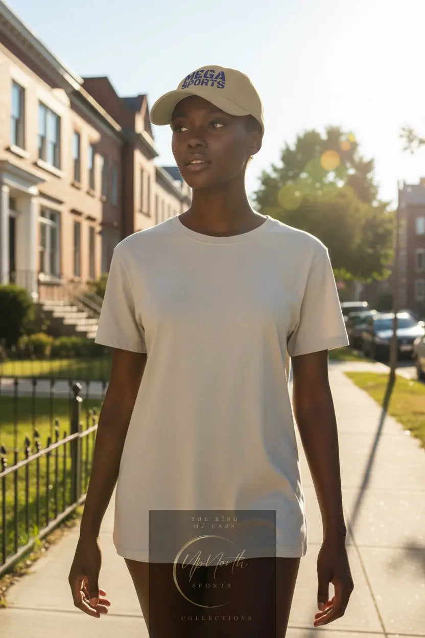 Woman model walking wearing a Khaki MEGA Sports Navy Baseball Cap - UpNorth SPORTS