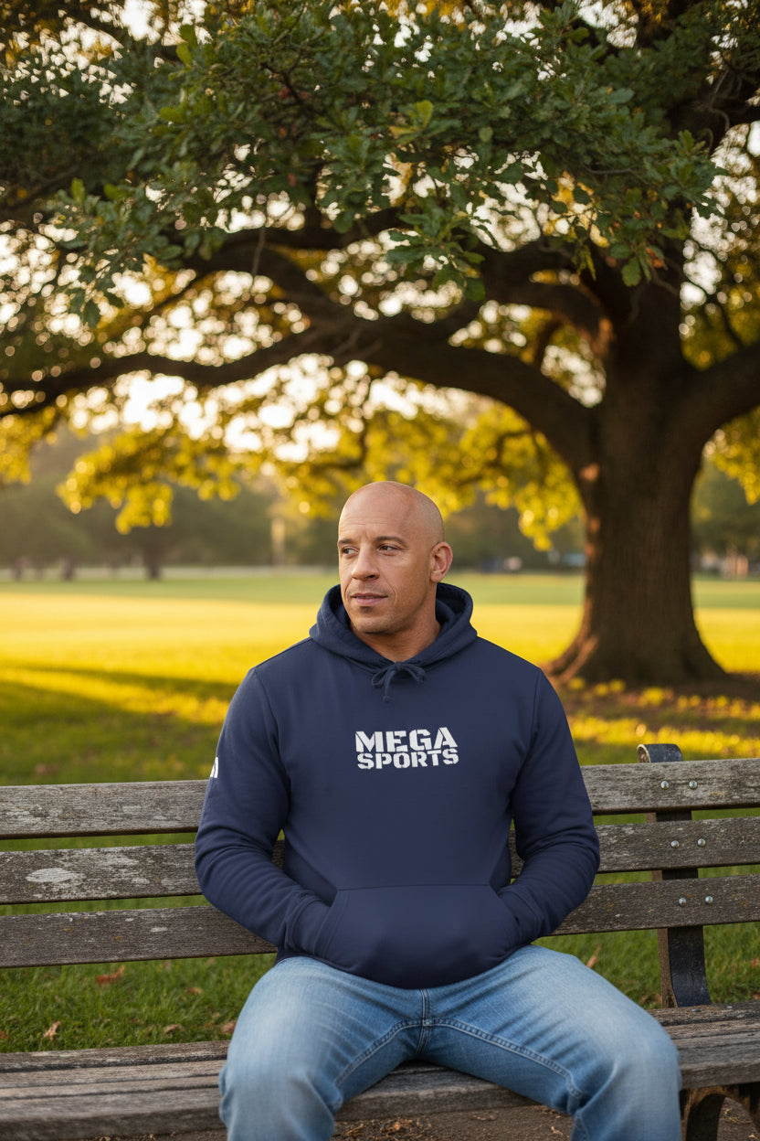 Male model wearing a Navy Premium MEGA Sports Adidas Hoodie - UpNorth SPORTS