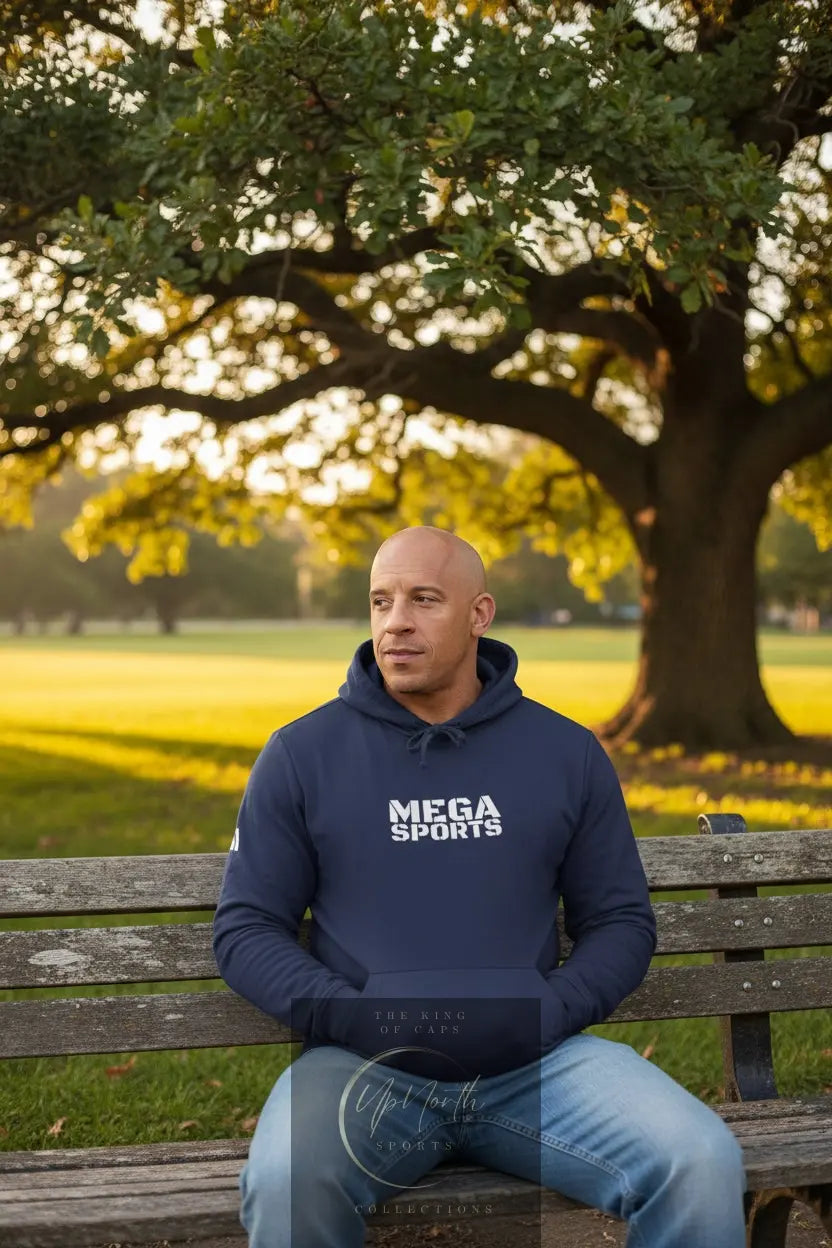 Male model wearing a Navy Premium MEGA Sports Adidas Hoodie - UpNorth SPORTS
