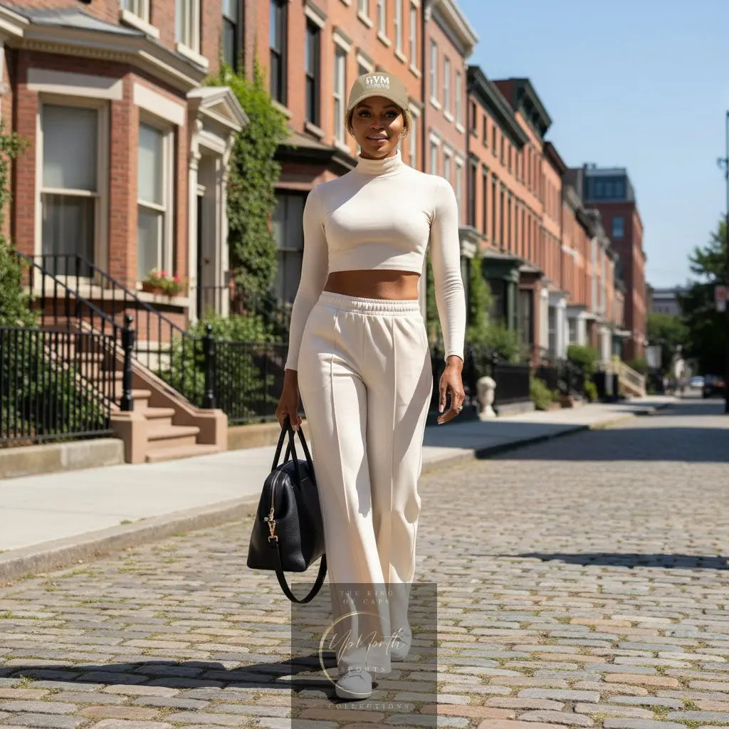 Woman model walking wearing a Khaki GYMSports White Baseball Cap - UpNorth SPORTS