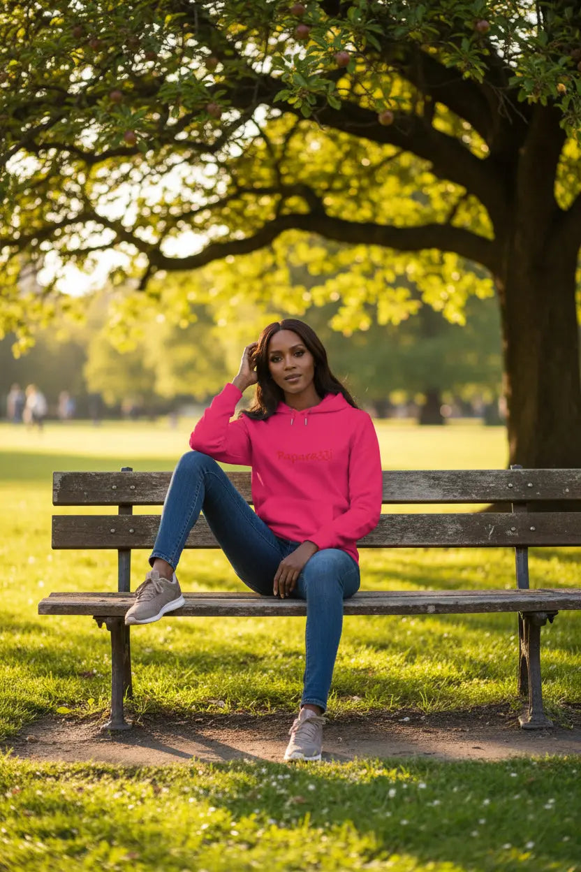 Woman model wearing a Magenta Paparazzi Dark Red Hoodie - Paparazzi Original