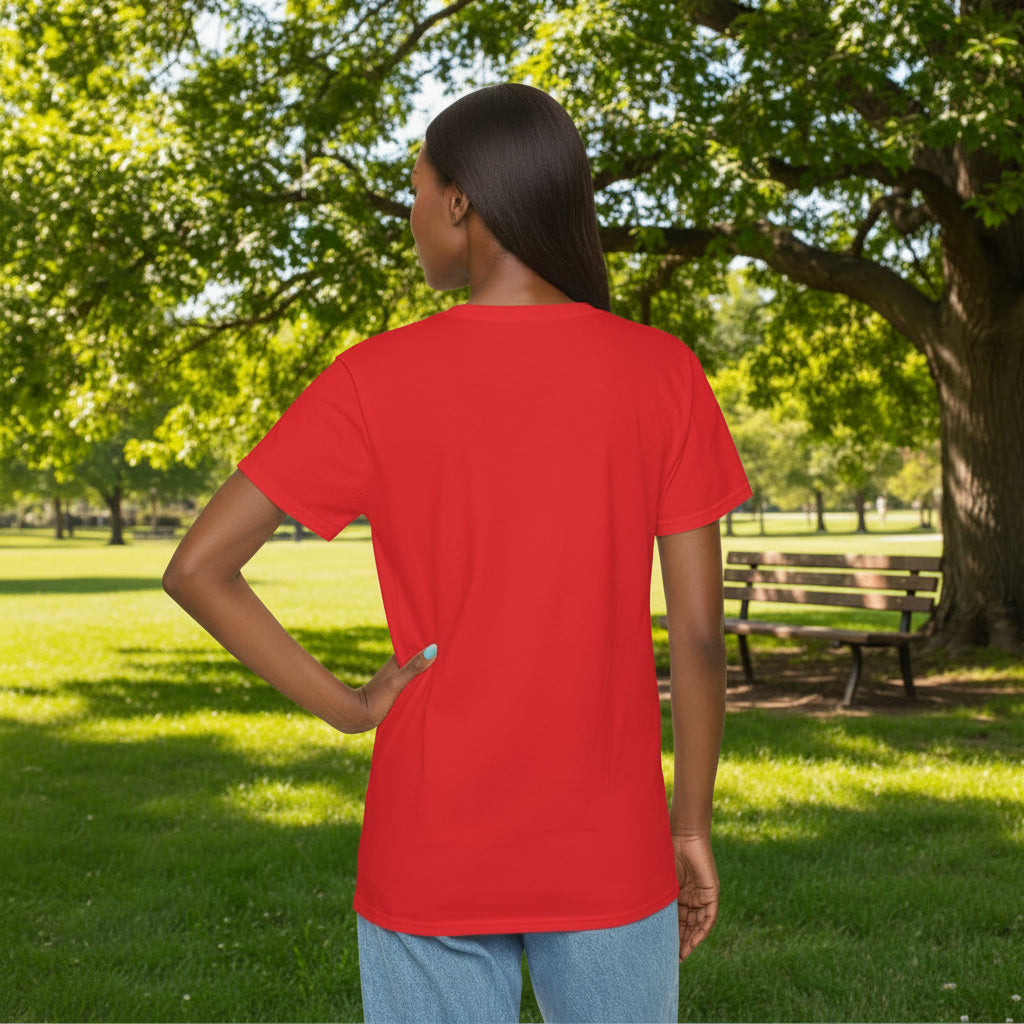 Woman model showing backside of a Red Multicolor Blacklabel Unisex Iconic T-Shirt - UpNorth SPORTS