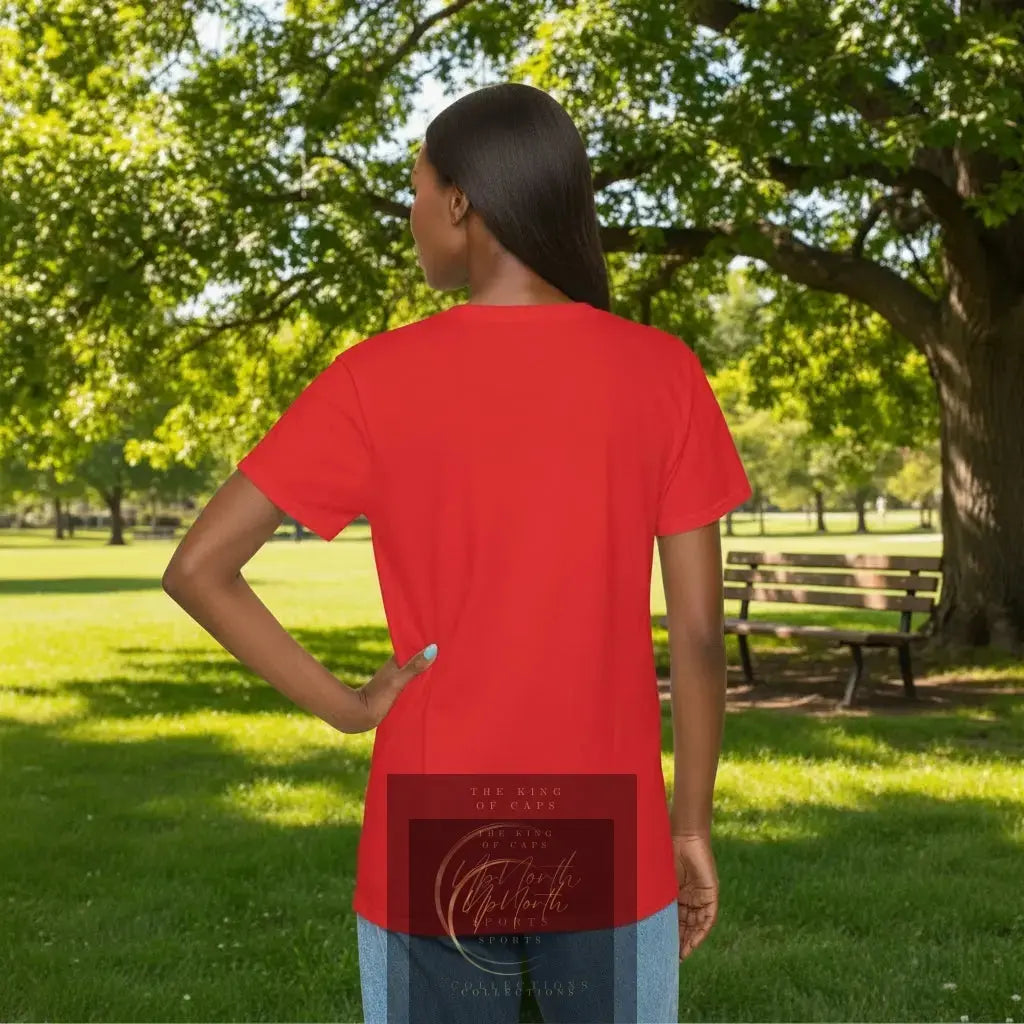 Woman model showing backside of a Red Multicolor Blacklabel Unisex Iconic T-Shirt - UpNorth SPORTS