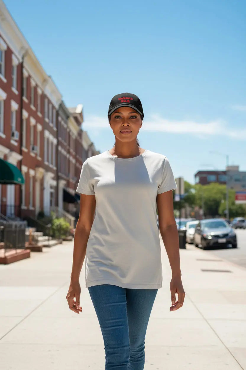 Woman model wearing a Black UpNorthUSA Red Baseball Cap - UpNorth SPORTS