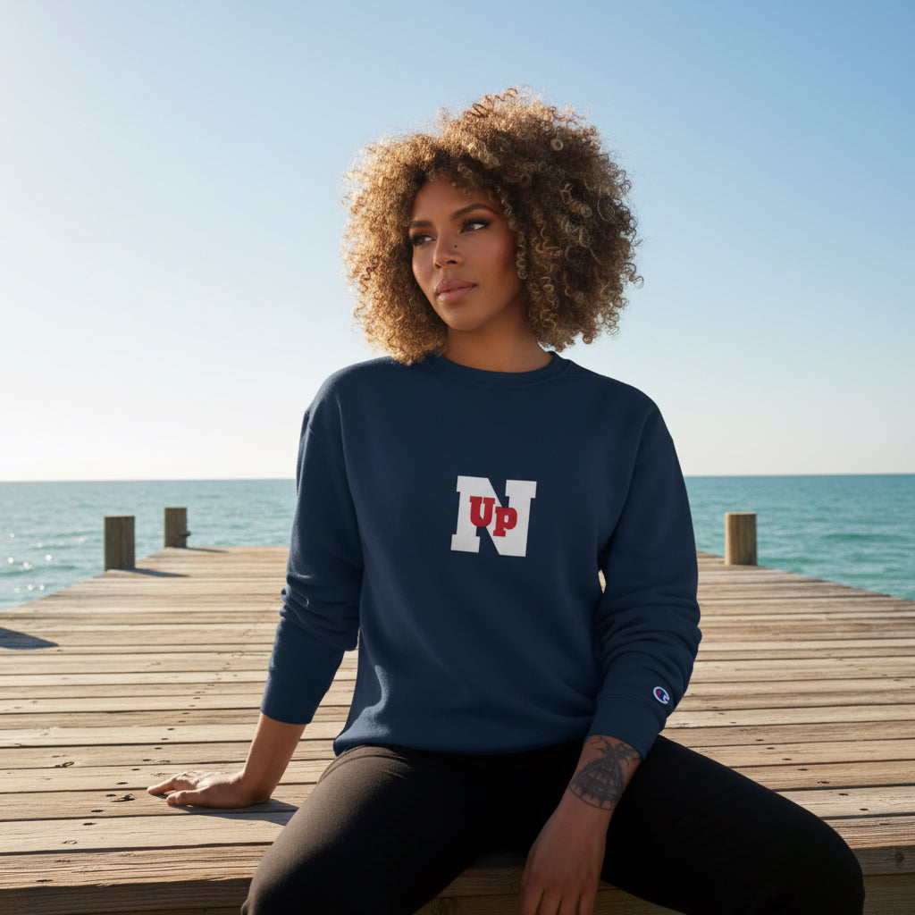 Woman model wearing a Navy UpN Red Champion Sweatshirt - UpNorth SPORTS